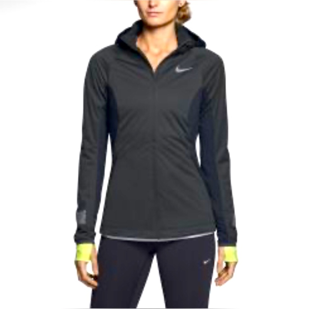 Nike Dri-Fit Womens Size SM Shield Max Running Jacket Full Zip Hooded Logo Black - Picture 1 of 16